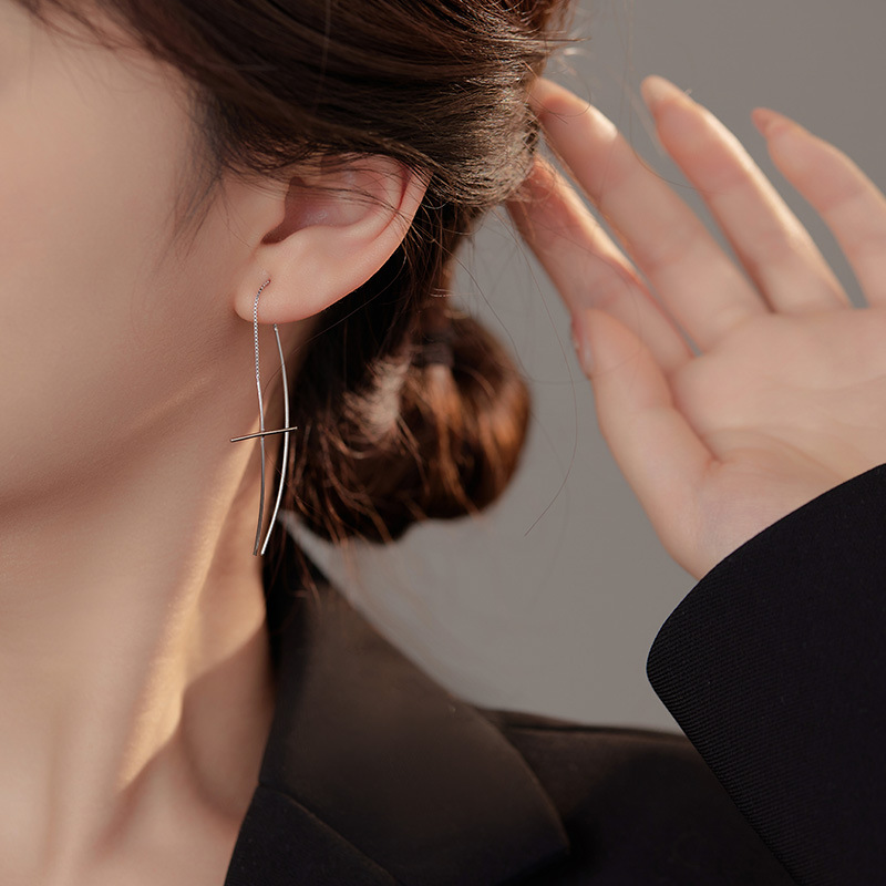 S925 Sterling Silver Long Cross Drop Earrings - Image 3