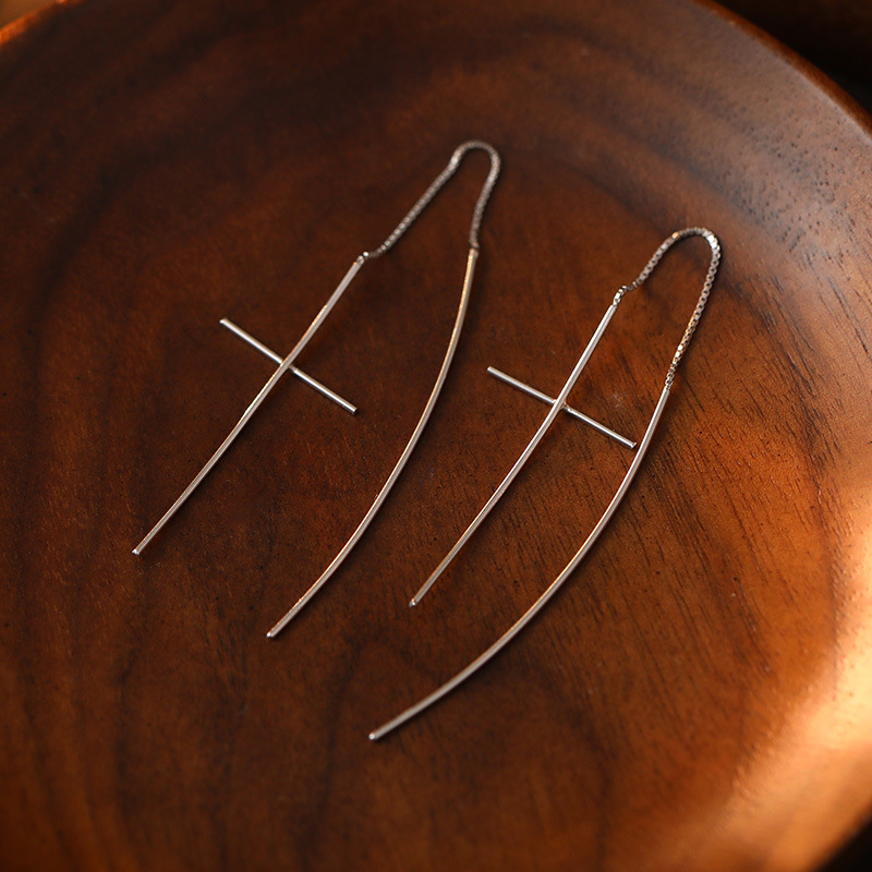 S925 Sterling Silver Long Cross Drop Earrings - Image 5