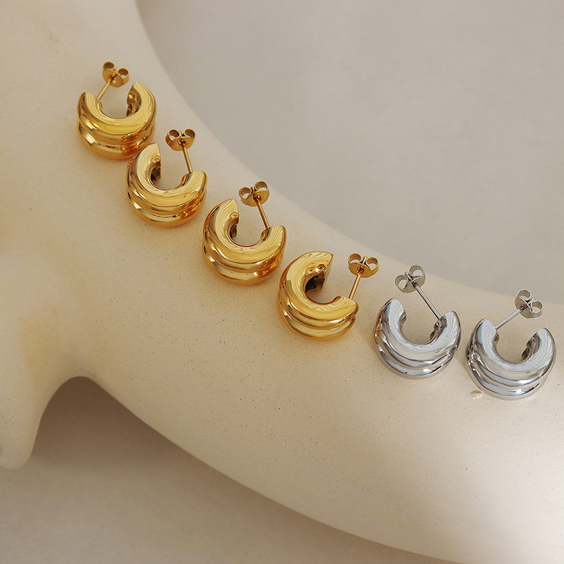 Titanium Steel Double-Layer C-Shaped Half-Hoop Mirror Finish Earrings - Image 2