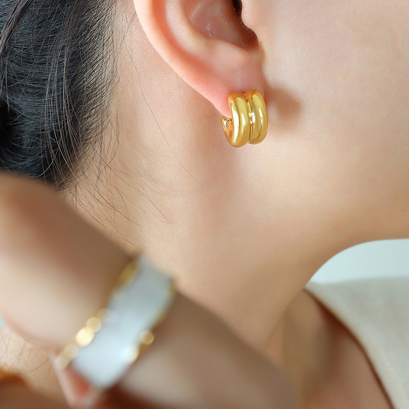 Titanium Steel Double-Layer C-Shaped Half-Hoop Mirror Finish Earrings - Image 3