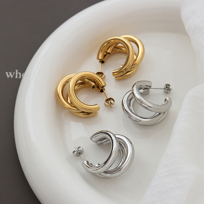 Triple-Layer C-Shaped Hollow Tube Titanium Steel Earrings - Image 2