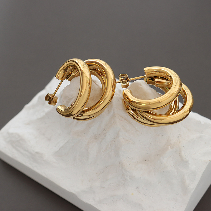 Triple-Layer C-Shaped Hollow Tube Titanium Steel Earrings - Image 3