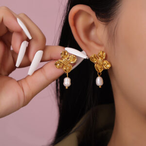 Titanium Steel Floral Freshwater Pearl Pendant Earrings