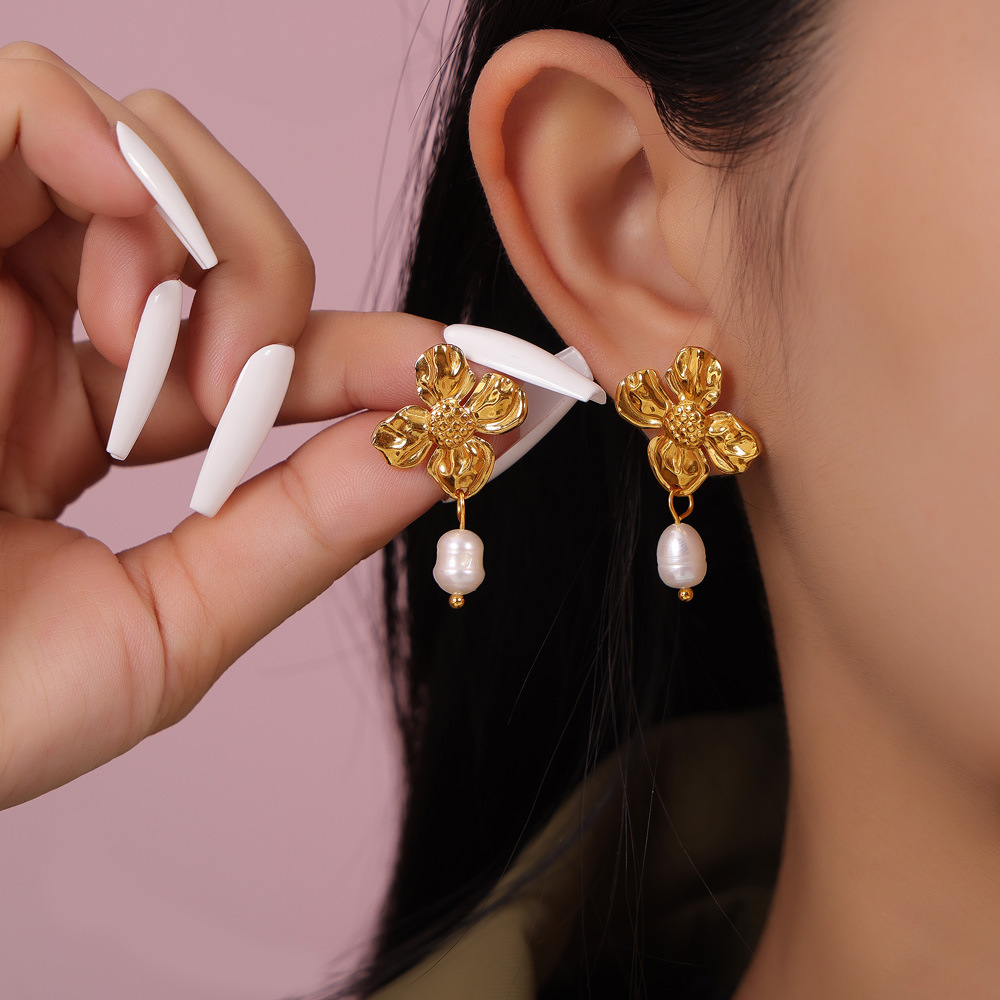 Titanium Steel Floral Freshwater Pearl Pendant Earrings