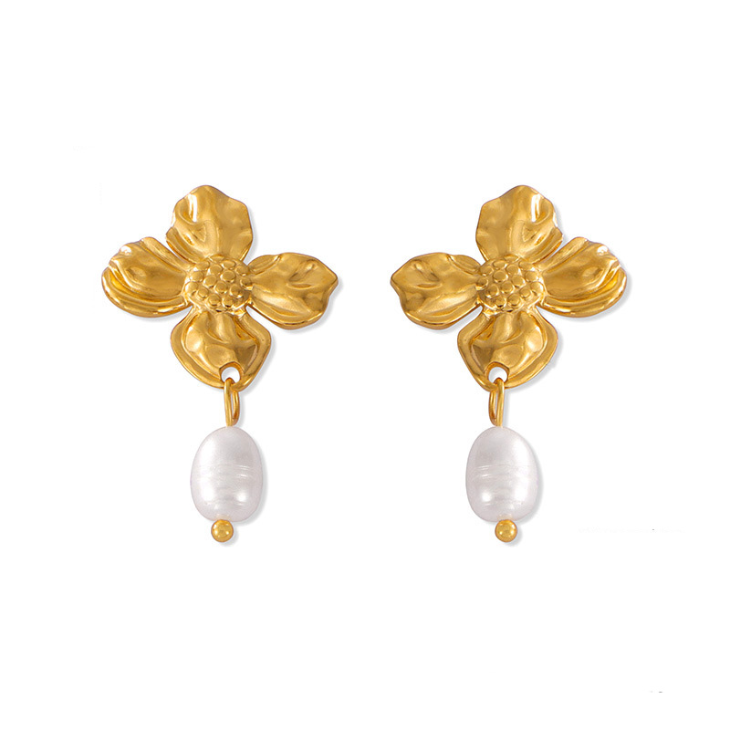 Titanium Steel Floral Freshwater Pearl Pendant Earrings - Image 2