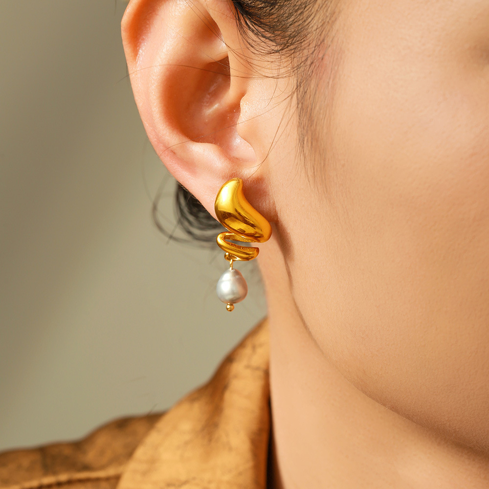 Stainless Steel Spiral Freshwater Pearl Earrings - Image 2