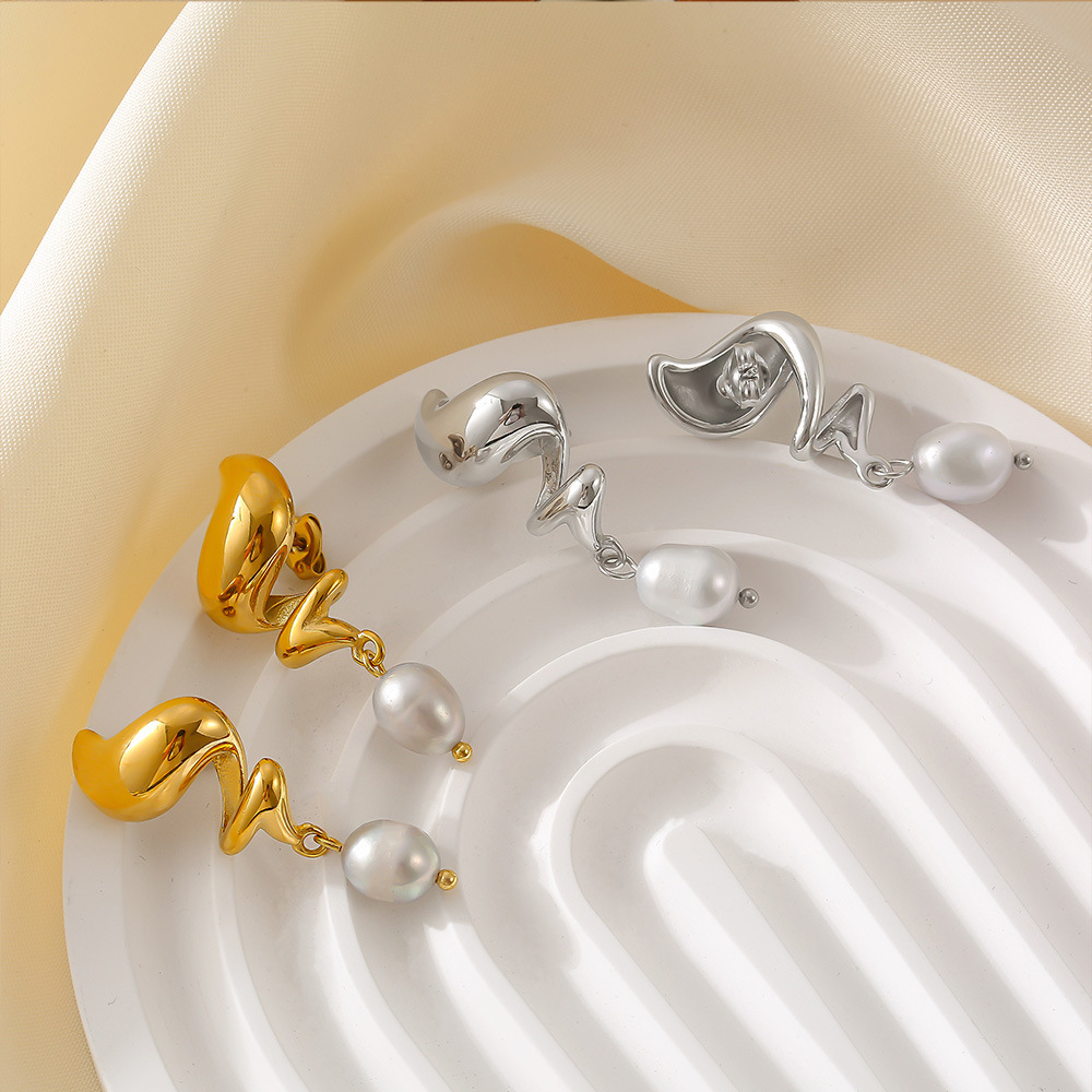 Stainless Steel Spiral Freshwater Pearl Earrings - Image 3