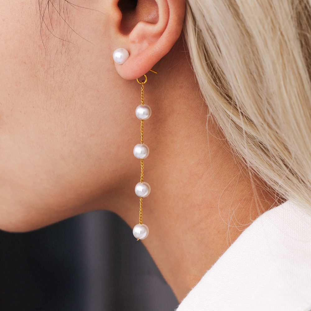 Stainless Steel Long Fringe Shell Pearl Earrings