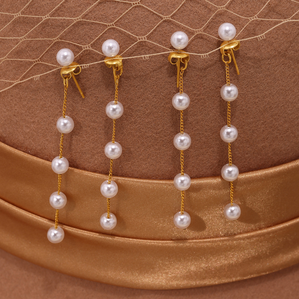 Stainless Steel Long Fringe Shell Pearl Earrings - Image 2