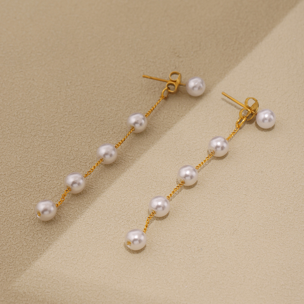 Stainless Steel Long Fringe Shell Pearl Earrings - Image 4