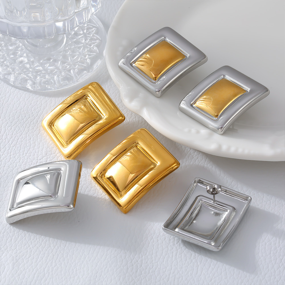 Stainless Steel Rectangle Color-Block Earrings - Image 2