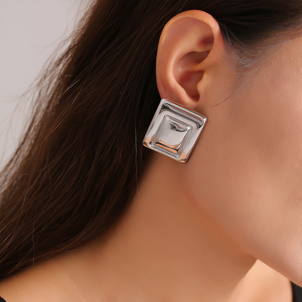Stainless Steel Rectangle Color-Block Earrings - Image 3