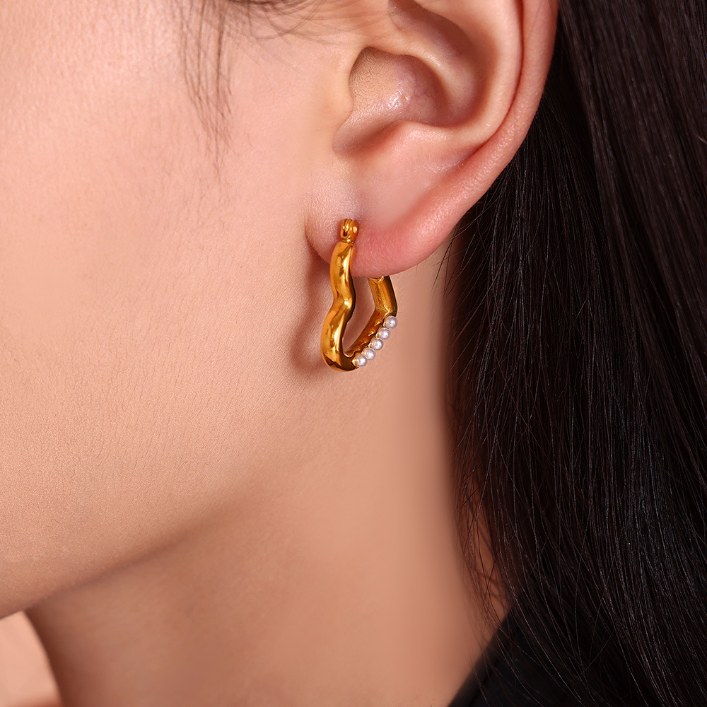 Stainless Steel Heart Faux Pearl Earrings - Image 4