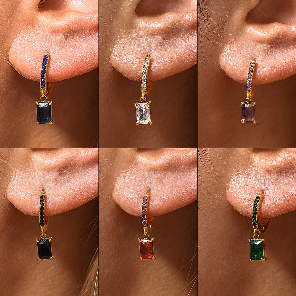 Stainless Steel Square Drop Zirconia Earrings - Image 2