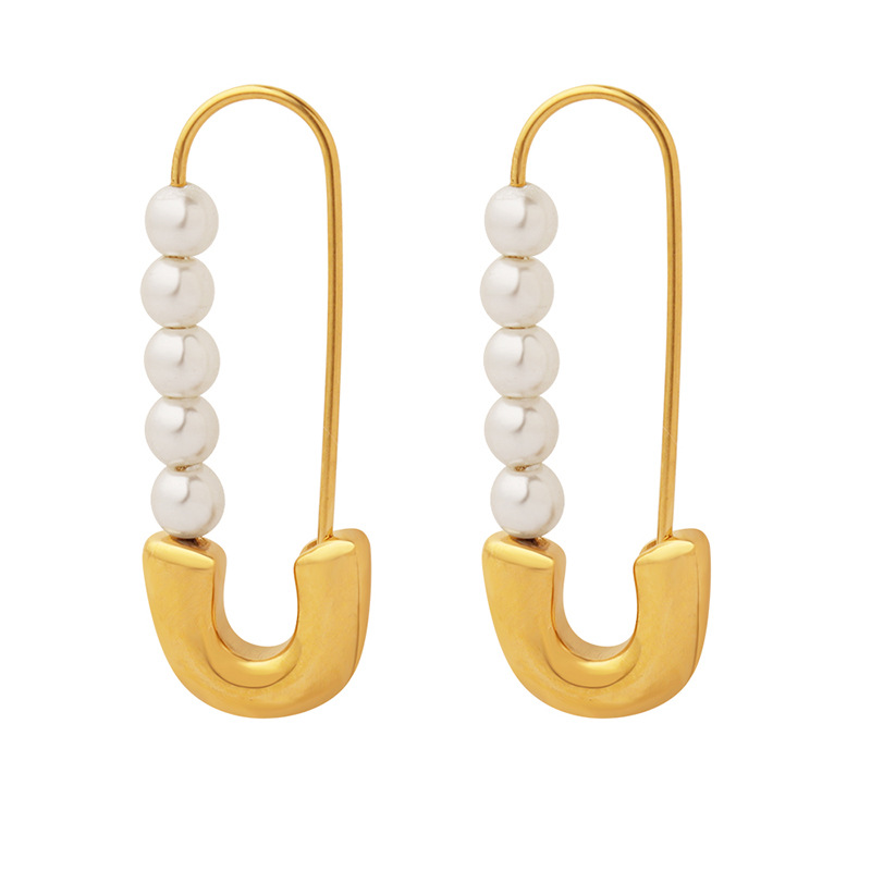 Titanium Steel Paperclip-style Imitation Pearl Earrings