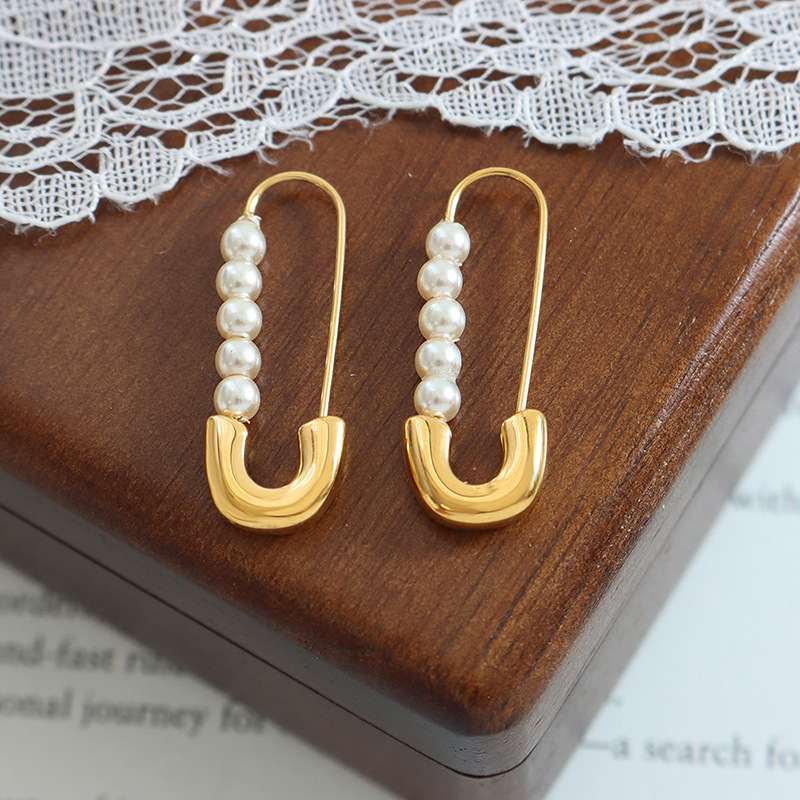 Titanium Steel Paperclip-style Imitation Pearl Earrings - Image 3