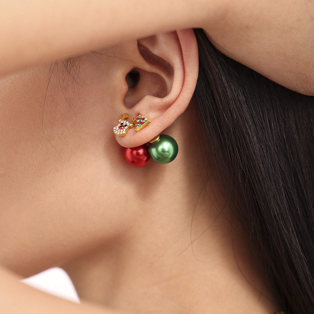Stainless Steel Christmas Tree and Reindeer Stud Earrings with Colored Zirconia - Image 3