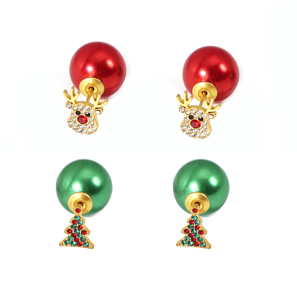 Stainless Steel Christmas Tree and Reindeer Stud Earrings with Colored Zirconia - Image 5