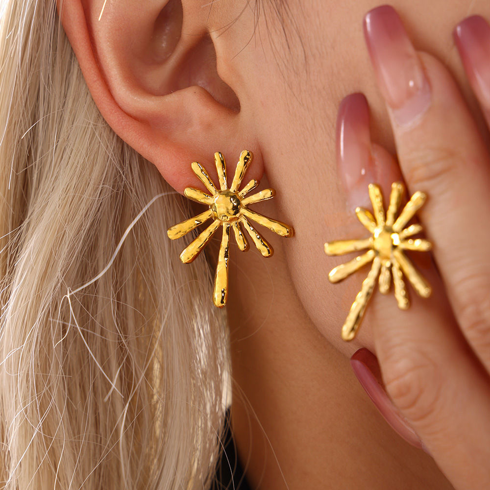 Stainless Steel Sunburst Stud Earrings - Image 3