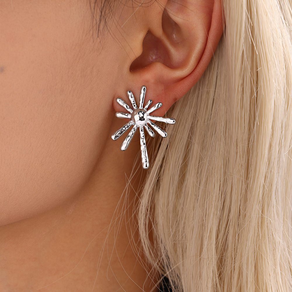 Stainless Steel Sunburst Stud Earrings - Image 4