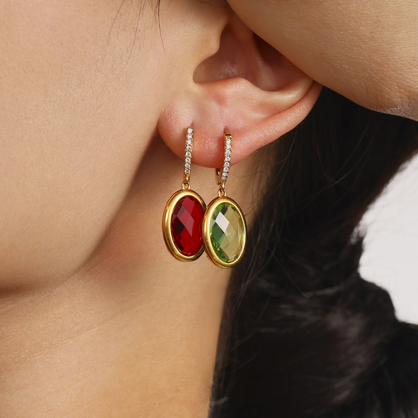 Stainless Steel Multi-Facet Oval Czech Glass Earrings - Image 3