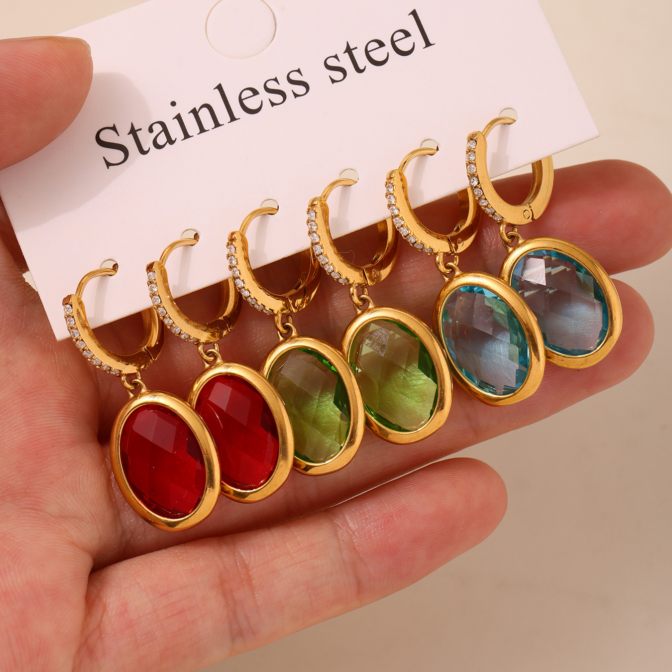 Stainless Steel Multi-Facet Oval Czech Glass Earrings - Image 4