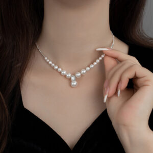 S925 Crushed Silver Bead Perfect Round Shell Pearl Necklace