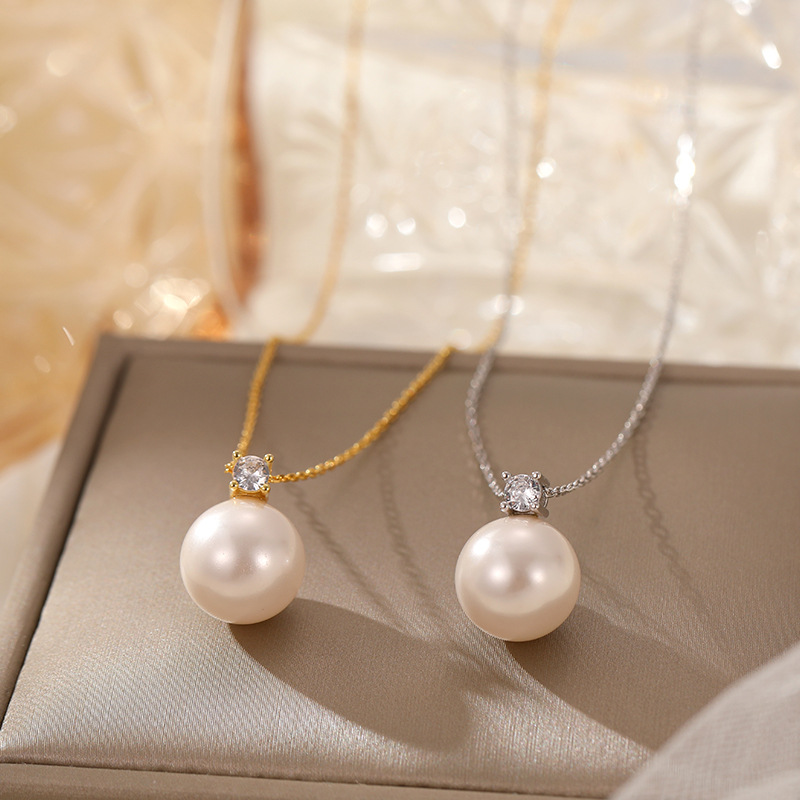 S925 Sterling Silver & Diamond Round Shell Pearl Necklace - Image 2