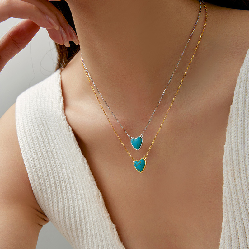 S925 Sterling Silver Turquoise Heart Pendant Necklace - Image 3