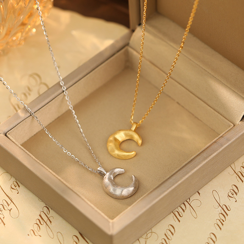 S925 Sterling Silver Matte Moon Pendant Necklace - Image 2