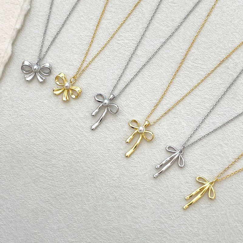 S925 Sterling Silver Bow Pearl Necklace