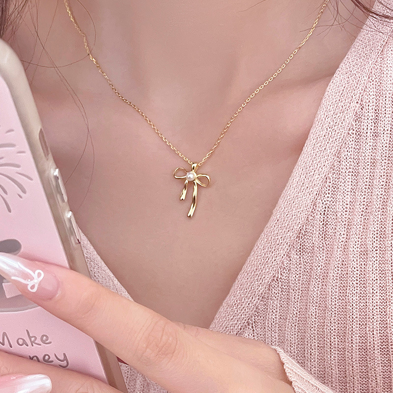 S925 Sterling Silver Bow Pearl Necklace - Image 2
