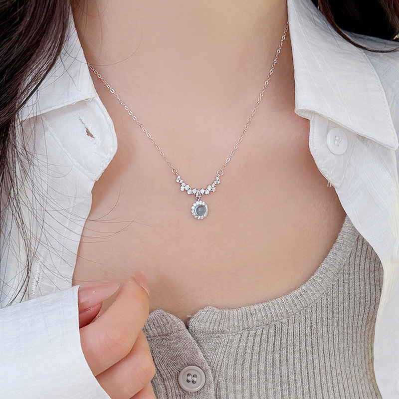 S925 Sterling Silver Diamond-Accented Blue Gemstone Pendant Necklace - Image 2