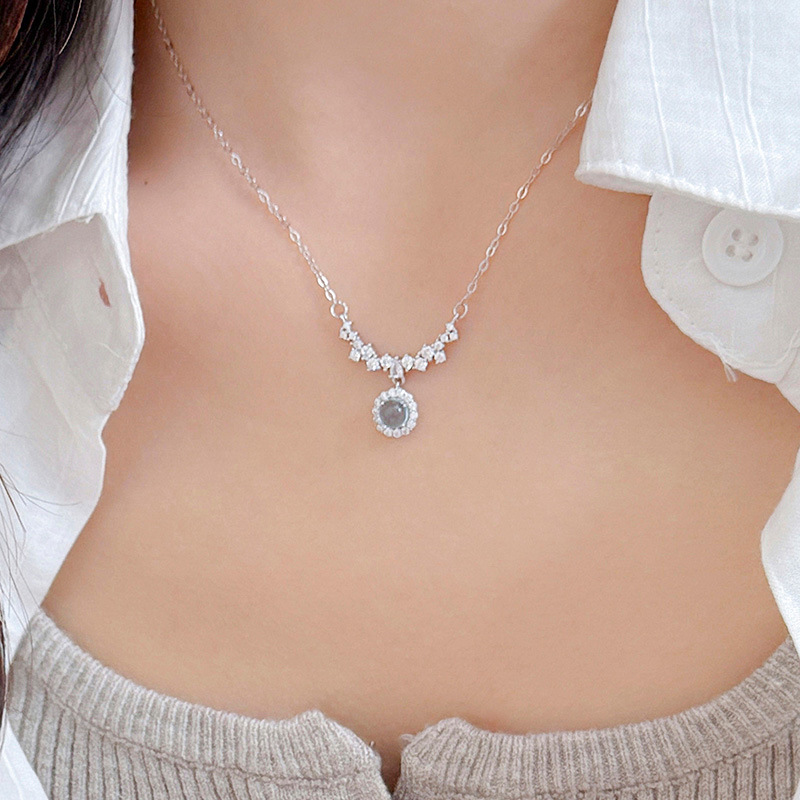 S925 Sterling Silver Diamond-Accented Blue Gemstone Pendant Necklace - Image 3