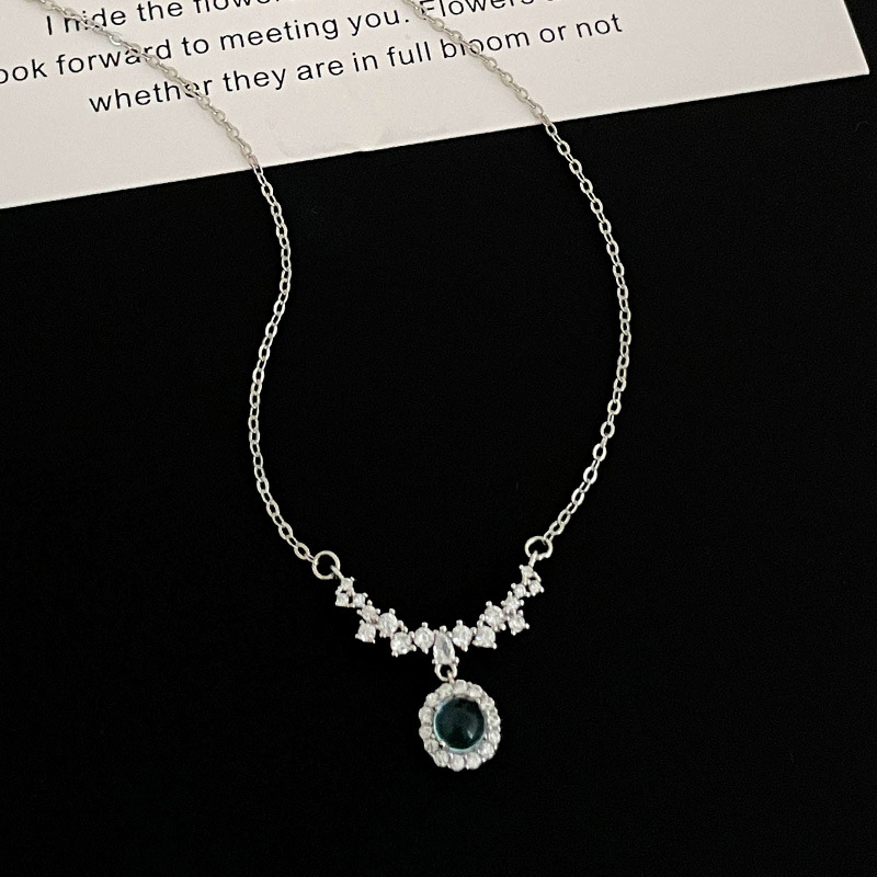 S925 Sterling Silver Diamond-Accented Blue Gemstone Pendant Necklace - Image 5