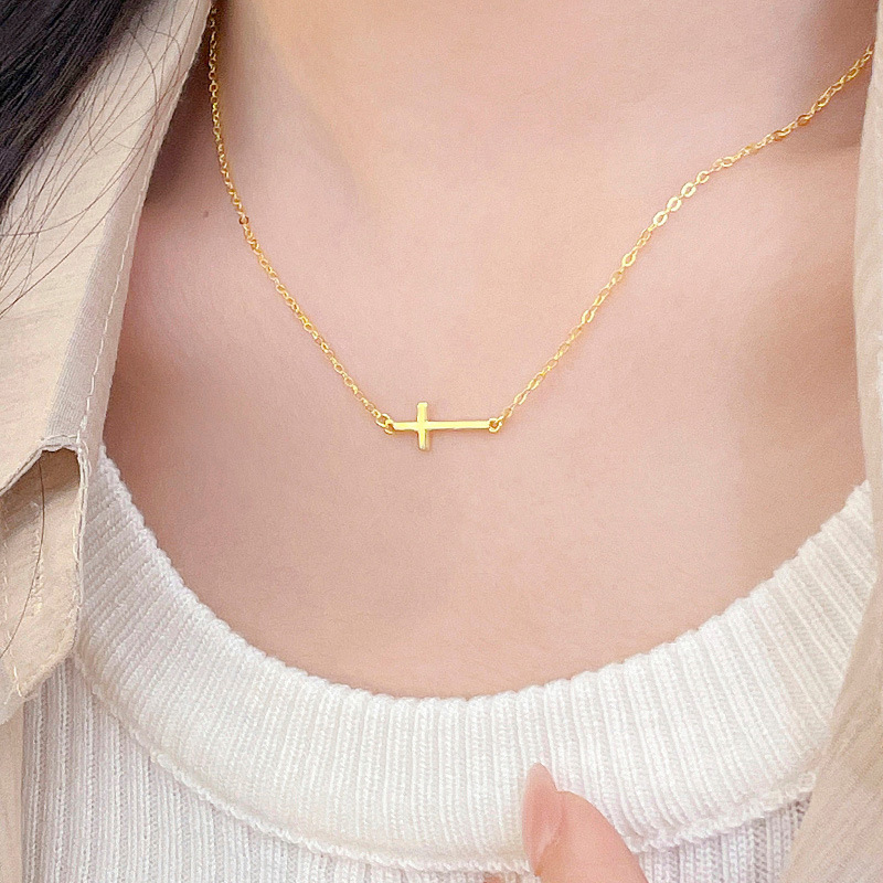 S925 Sterling Silver Minimalist Horizontal Cross Necklace - Image 2
