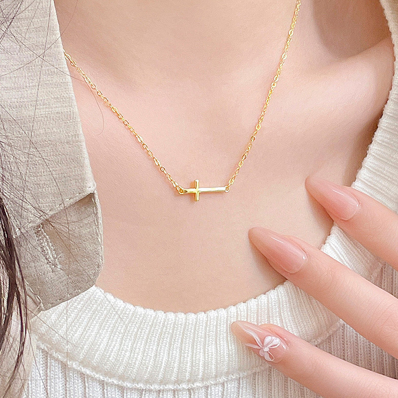 S925 Sterling Silver Minimalist Horizontal Cross Necklace - Image 3