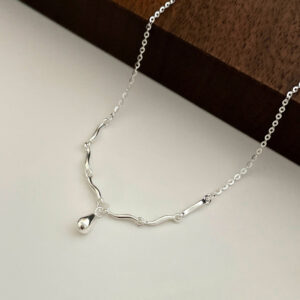S925 Sterling Silver Wave Teardrop Pendant Necklace