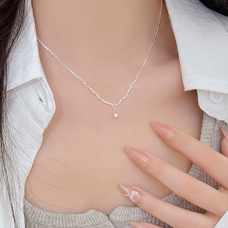 S925 Sterling Silver Wave Teardrop Pendant Necklace - Image 3