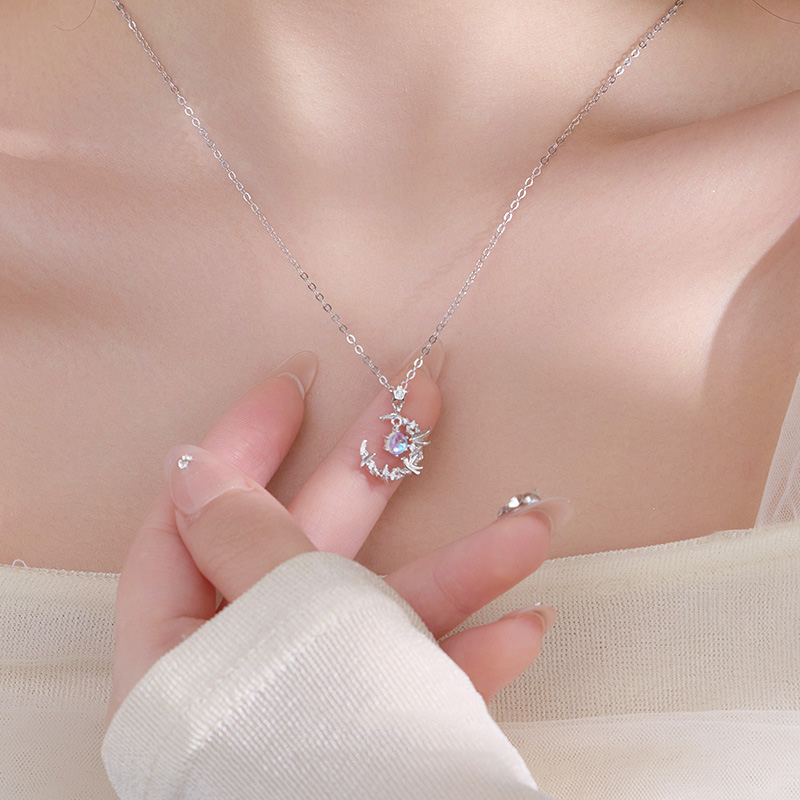 S925 Sterling Silver Eucalyptus and Bird Moonstone Necklace