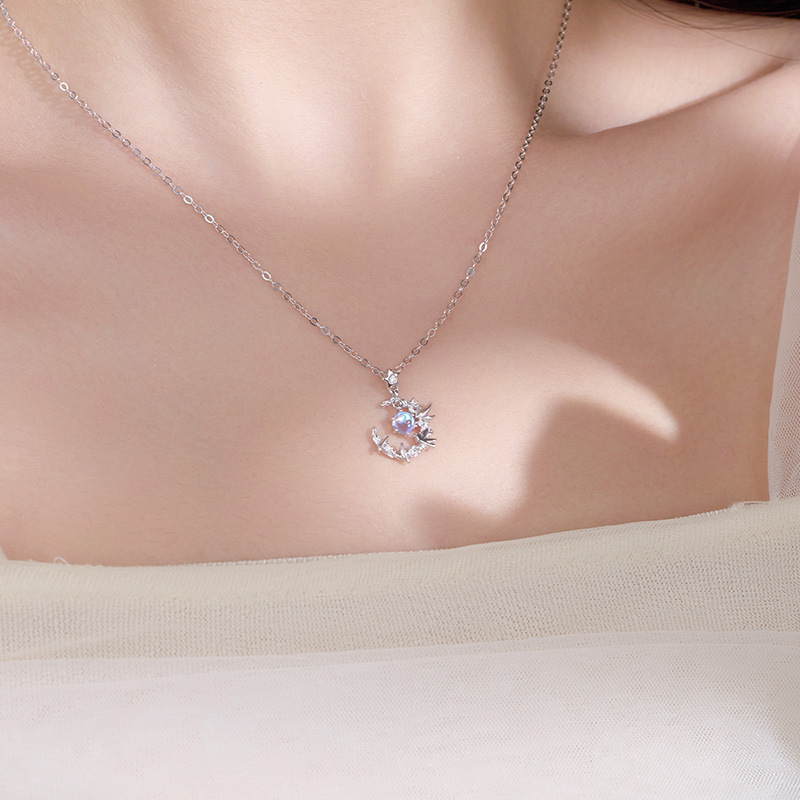 S925 Sterling Silver Eucalyptus and Bird Moonstone Necklace - Image 3