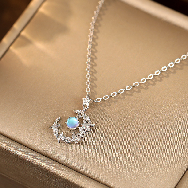 S925 Sterling Silver Eucalyptus and Bird Moonstone Necklace - Image 5