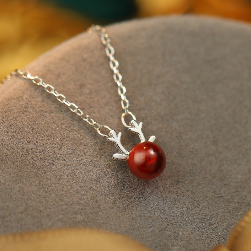 S925 Sterling Silver Red Garnet Reindeer Necklace