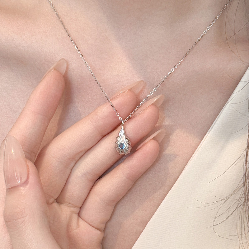 S925 Sterling Silver Blue Diamond Shell Teardrop Necklace