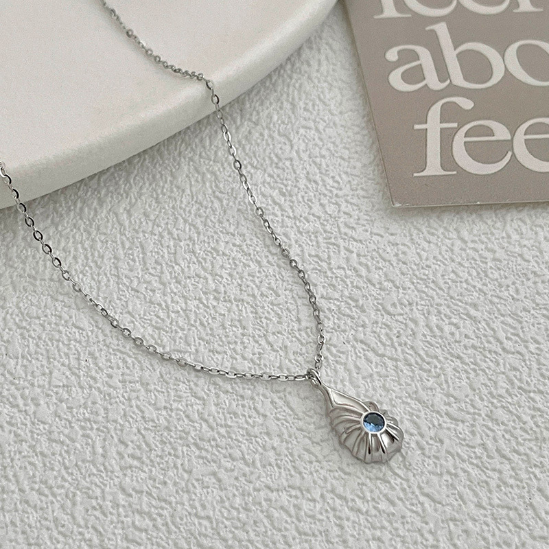 S925 Sterling Silver Blue Diamond Shell Teardrop Necklace - Image 2