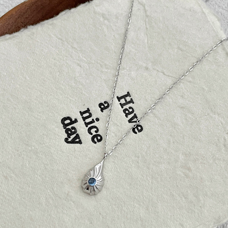S925 Sterling Silver Blue Diamond Shell Teardrop Necklace - Image 5