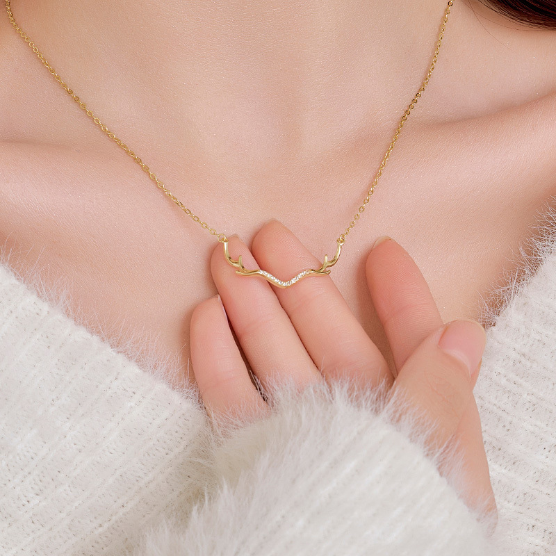 S925 Sterling Silver Deer Antler Necklace with Zirconia - Image 2