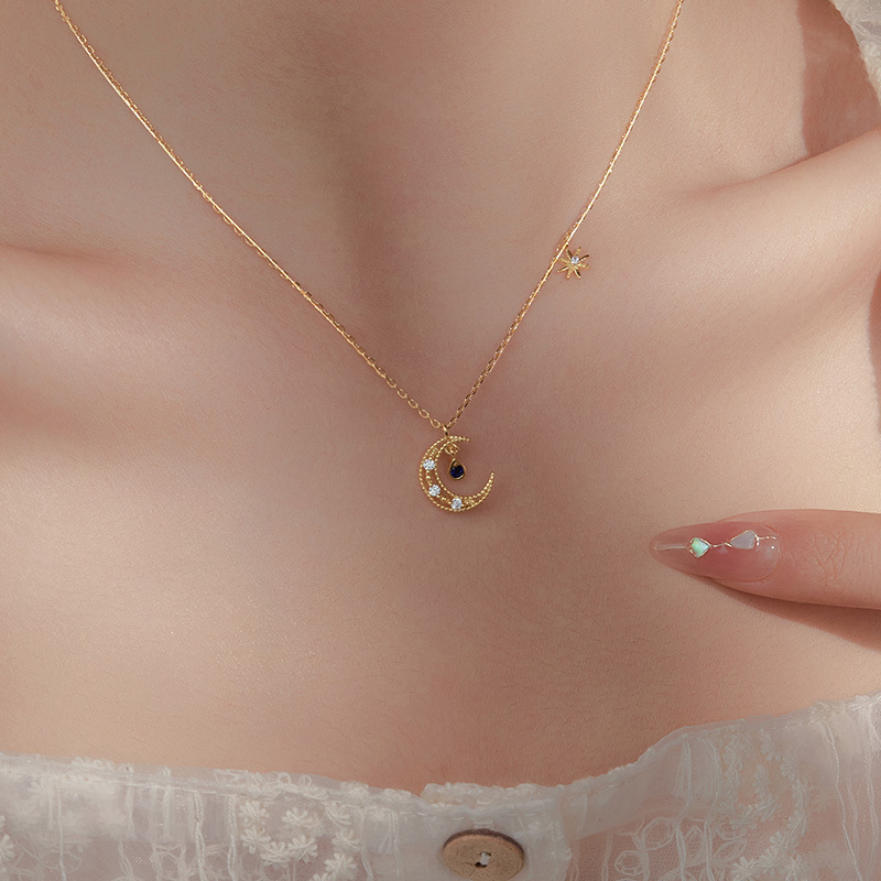 S925 Sterling Silver Blue Gemstone Star-Moon Pendant Necklace - Image 2