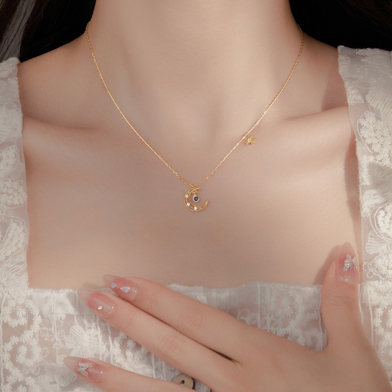 S925 Sterling Silver Blue Gemstone Star-Moon Pendant Necklace - Image 3