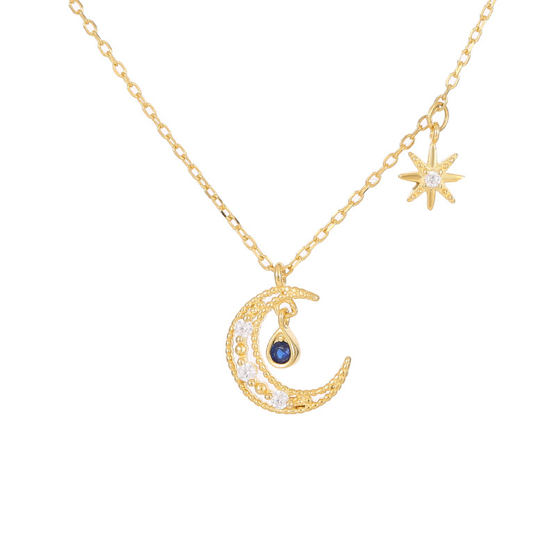 S925 Sterling Silver Blue Gemstone Star-Moon Pendant Necklace - Image 4